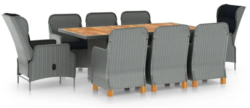 vidaXL 9 részes világosszürke polyrattan kültéri étkezőszett párnákkal