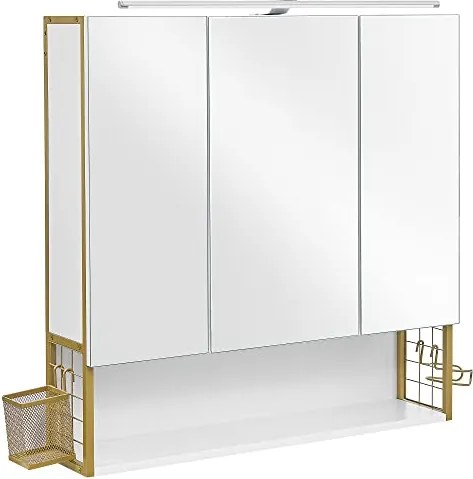 Fürdőszobai tükrös szekrény világítással, fehér-arany, 14,5×70×70 cm