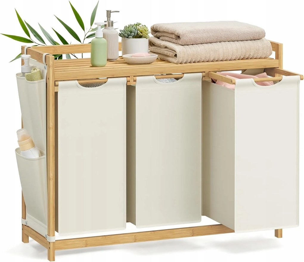 Szennyestartó kosár 3 rekesszel, krém-fehér