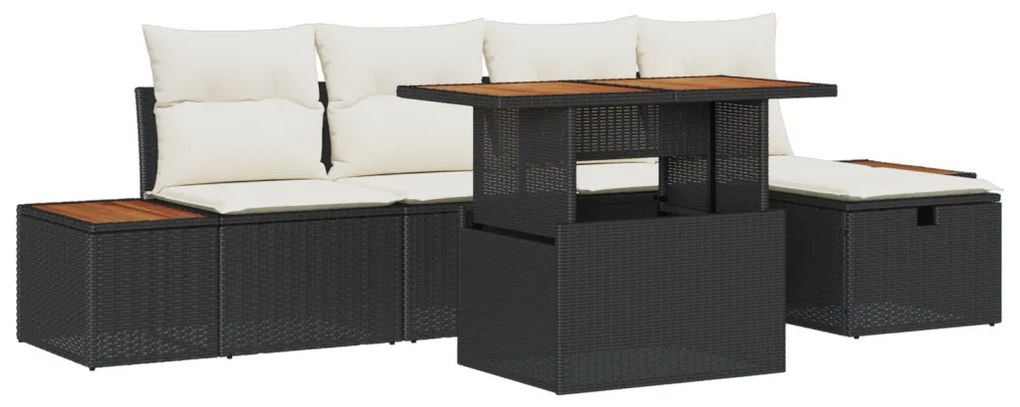 6 darabos Kert Sofa Készlet Párnákkal Fekete Poli Rattan Akáciával