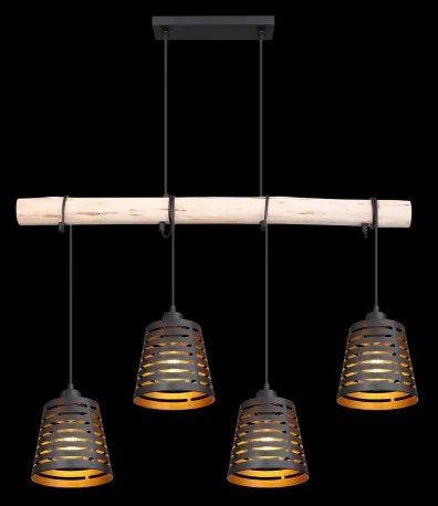 Globo 15451-4H Függeszték fém fekete alaplap, fekete kábel, fém fekete-arany búrák, natúr fa betéttel kombinálva. HxSZxM:850x170x1200, fényforrás nélkül 4xE27 60W 230V