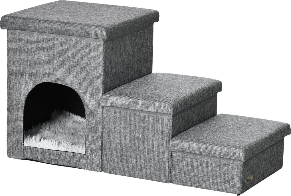 PawHut Kutya Lépcső 3 Lépcsős 40.5 cm Magas Állat Lépcső Bújópárnás Tároló Hellyel Macska Lépcső Kisméretű Kutyák Számára Lépéssegítő Ágyhoz, Kanapého