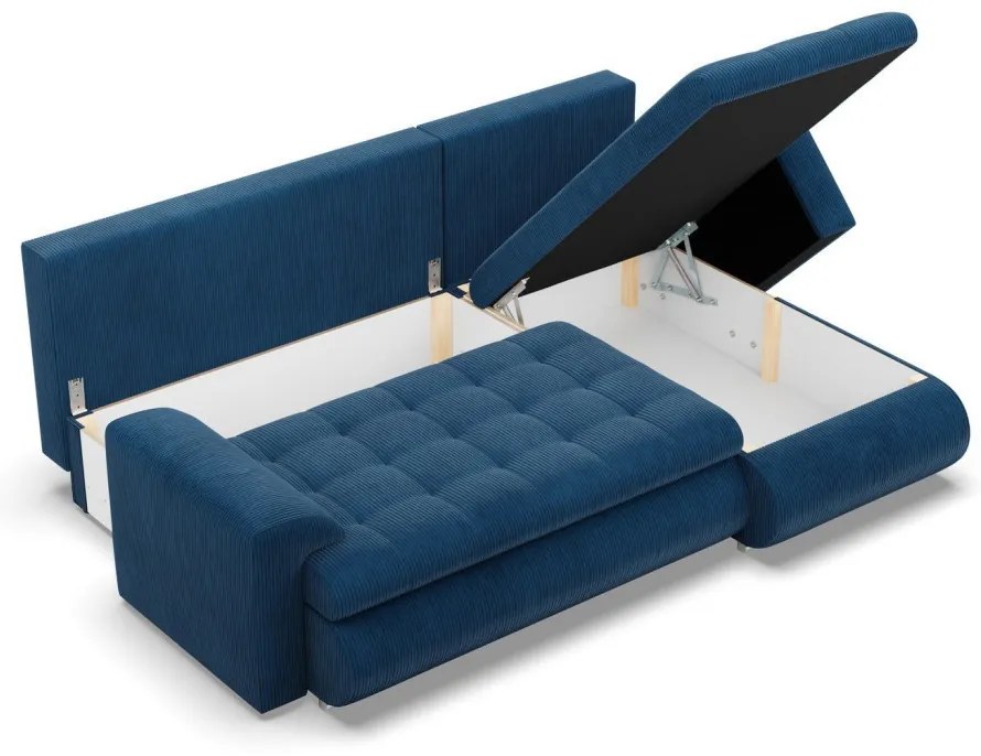 Tokio sarokkanapé, 2 ágyneműtartóval, kordbársony, jobboldali, kék