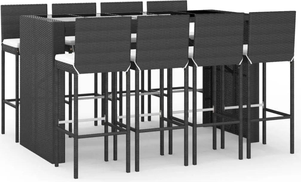 vidaXL 9 részes fekete polyrattan kerti bárszett párnával