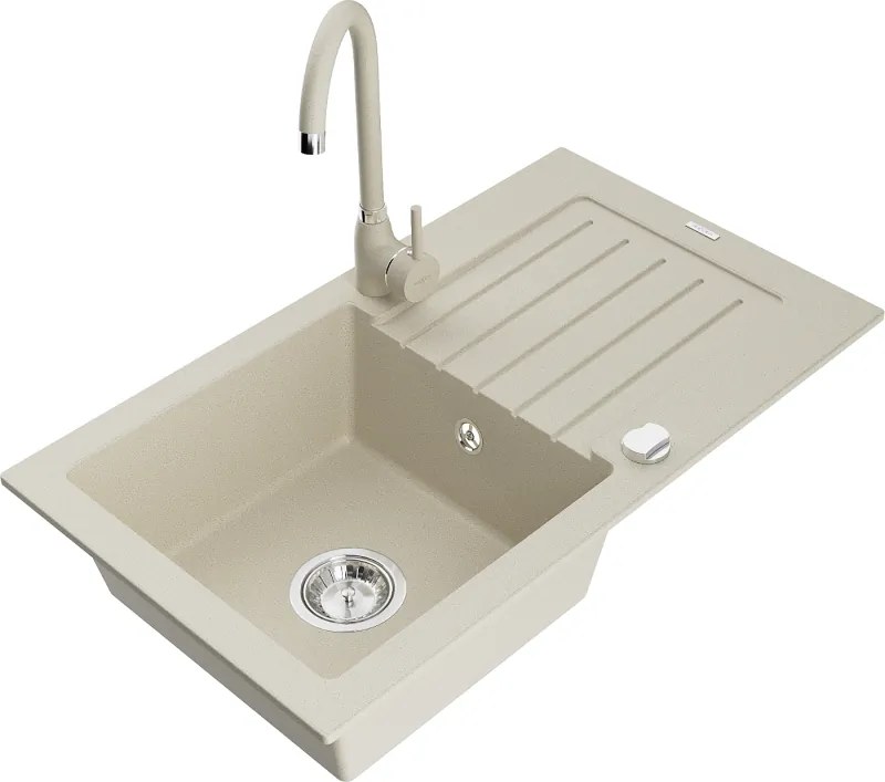 Mexen Pablo egykamrás gránit mosogató csepegtetővel és Telma konyhai csapteleppel, bézs - 6510-69-670200-69