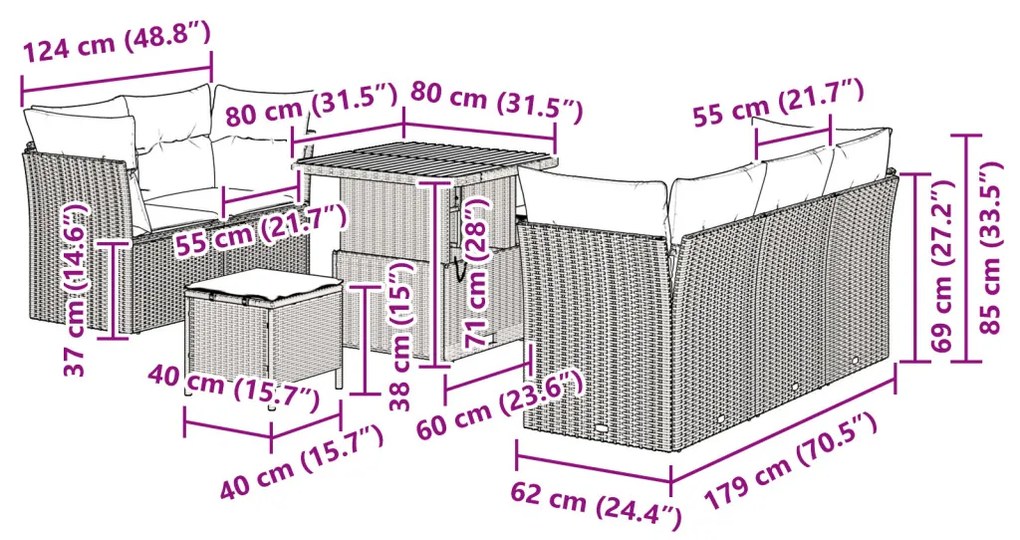 8 részes kerti kanapé szett párnákkal fekete poly rattan akáccal, 3 részes kerti étkező szett párnákkal fekete poly rattan akáccal