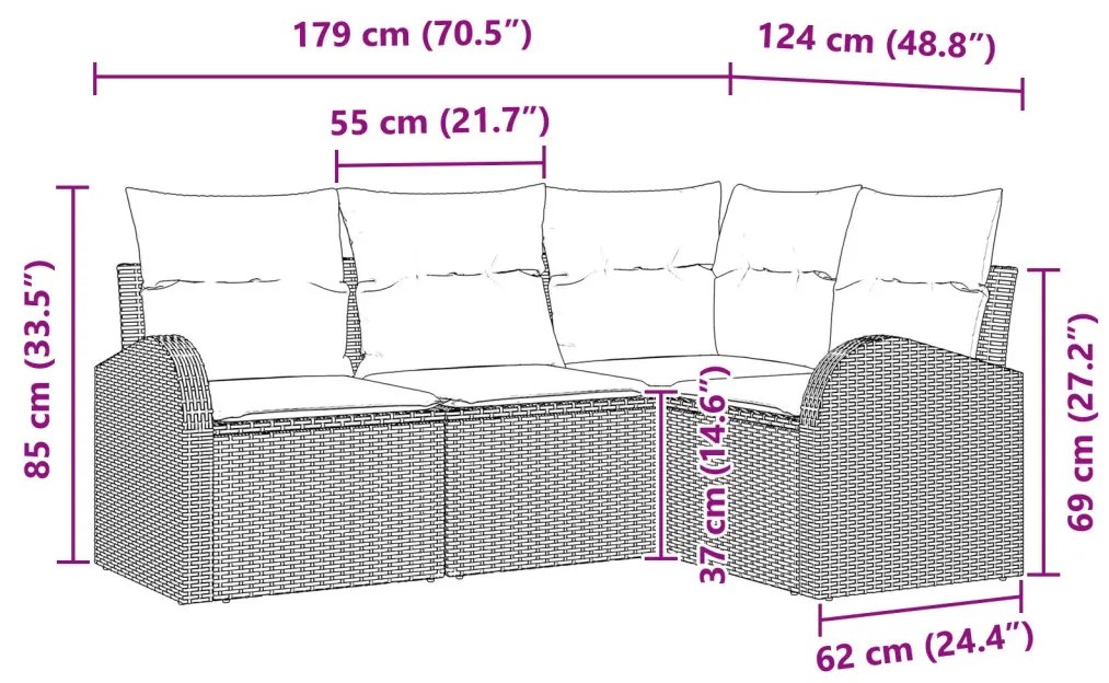4 Fős Kerti Kanapé Szett Párnákkal Bézs Poli Rattan