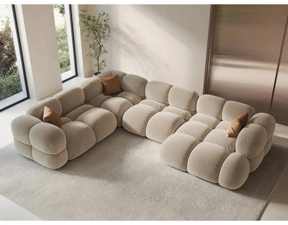 Bézs bársony sarokkanapé (bal oldali-U alakú) Loretto – Cosmopolitan Design