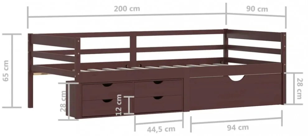 sötétbarna fenyőfa ágykeret fiókokkal és szekrénnyel 90x200 cm