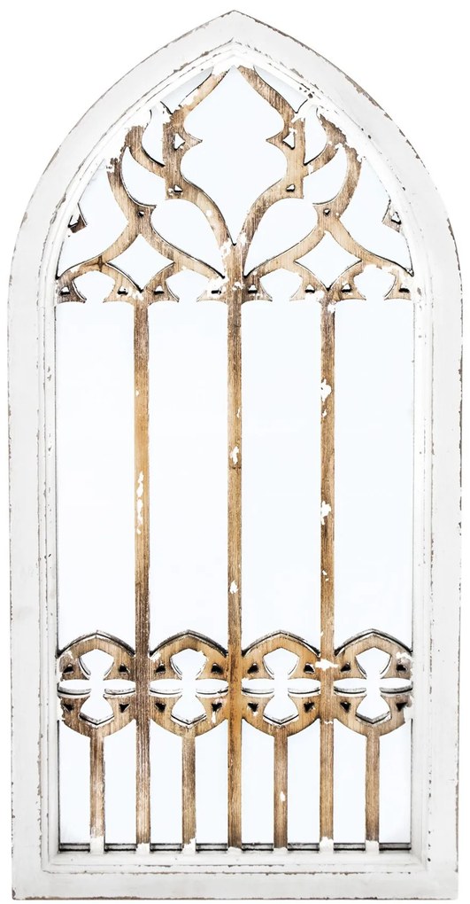 Ablak formájú fali tükör koptatott vintage fehér bézs fa keretben 93x44,5x3cm