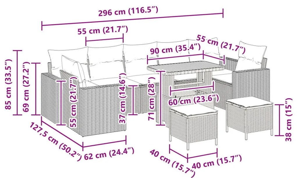 10 Darabos Kerti Kanapé Szett Párnákkal Bézs Poli Rattan és Akác, 3 Darabos Kerti Étkező Szett Párnákkal Bézs Poli Rattan és Akác