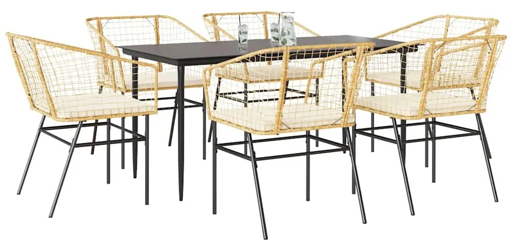vidaXL 7 észes barna polyrattan üveg kerti étkezőgarnitúra párnával