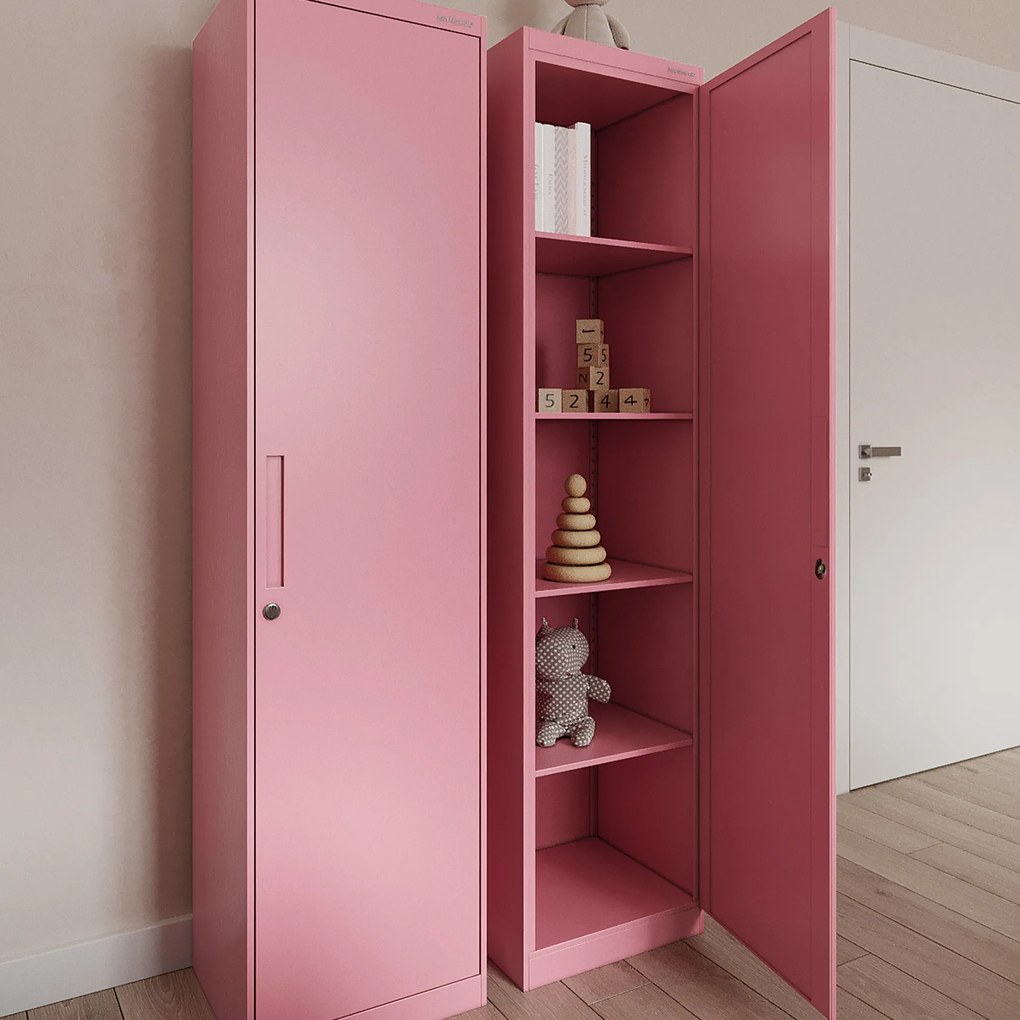 Keskeny fém irodai iratszekrény, púderrózsaszín, 450x1850x400 mm: ALEX Fresh Style