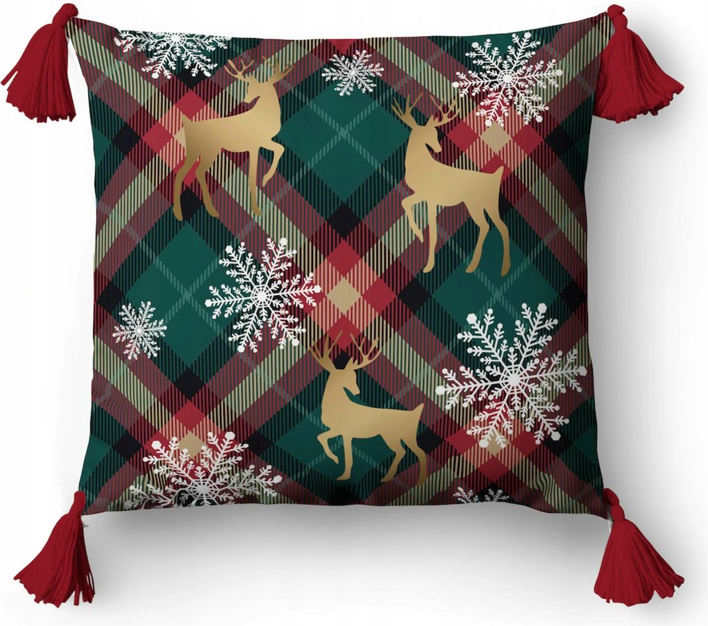 Karácsonyi párnahuzat 45x45 rénszarvasok és hópelyhek a háttérben karácsonyi dekoráció