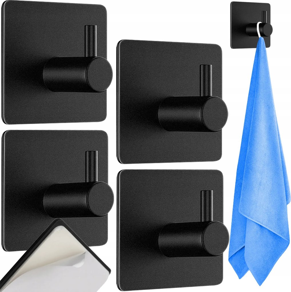 Fekete fém törölközőtartó akasztó, szerelés fúrás nélkül, 4 darabos készlet