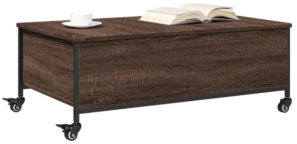 Barna tölgy szerelt fa dohányzóasztal kerekekkel 91x55x34 cm