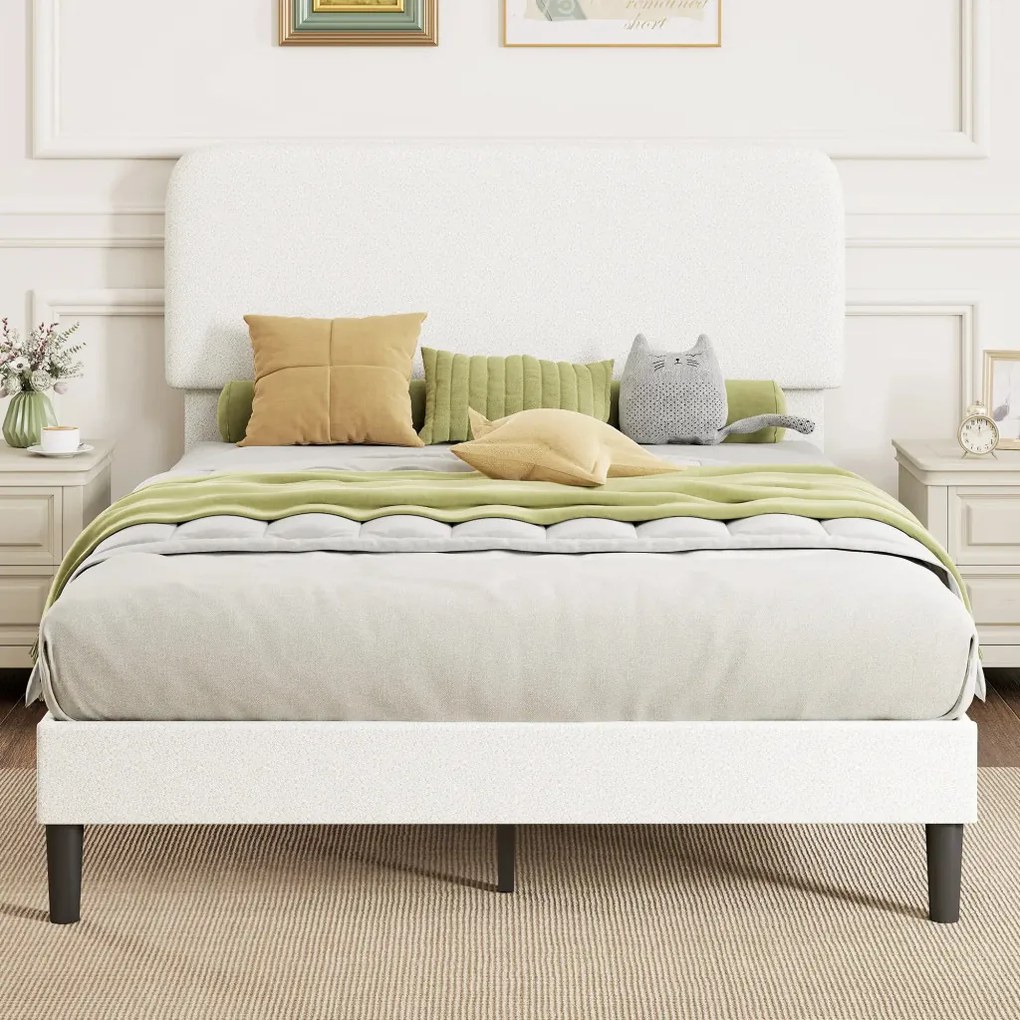 HOMCOM Ágy 140x200 cm Ágykeret állítható kárpitozott teddy fleece fejtámlával, fehér