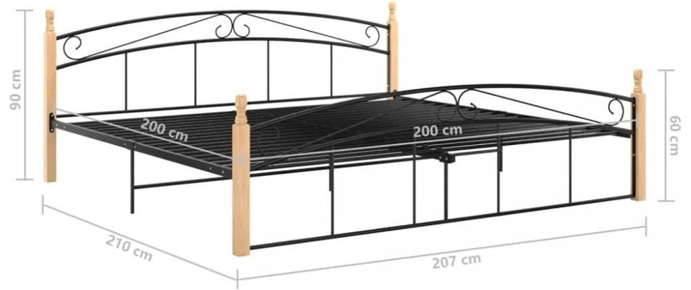 fekete fém és tömör tölgyfa ágykeret 200 x 200 cm