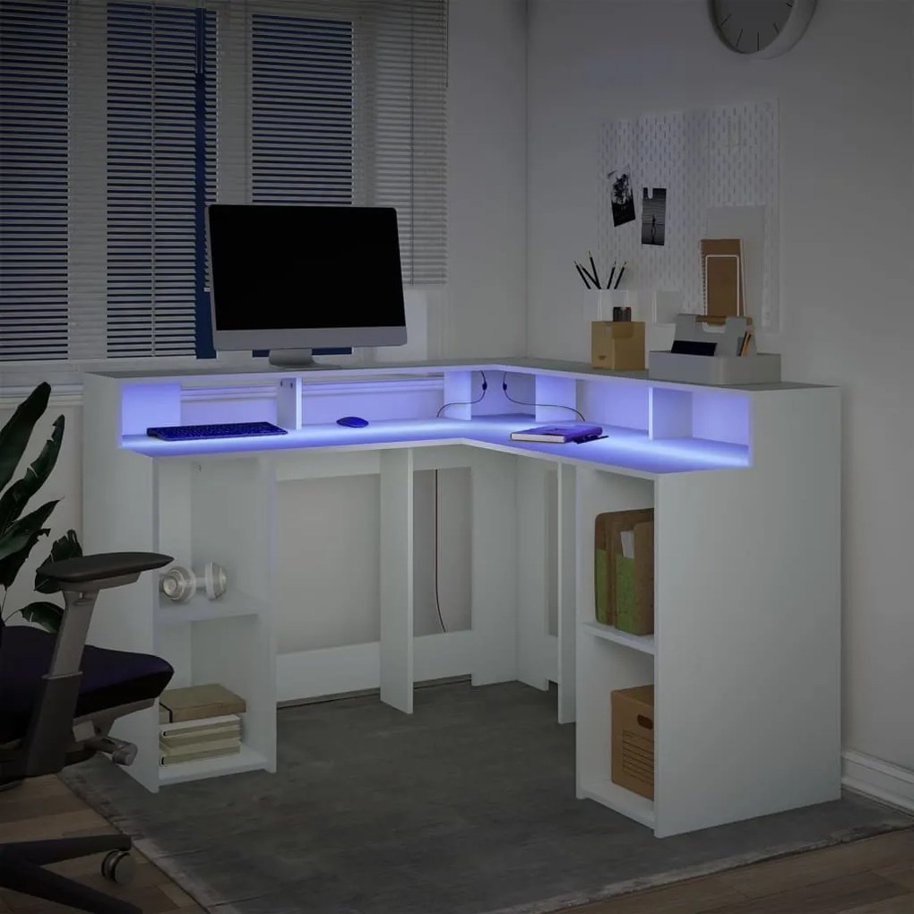 fehér szerelt fa íróasztal LED-világítással 130 x 130 x 91 cm