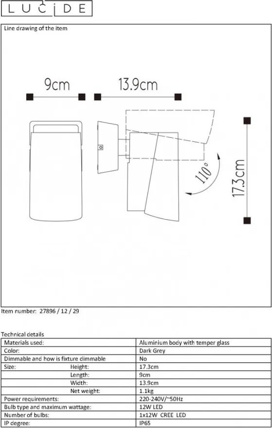 LUCIDE 27896-12-29 MANAL Modern Kültéri Fali Lámpa LED IP65