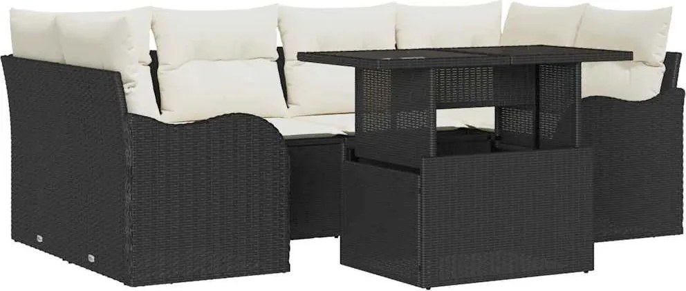 vidaXL Kerti Kanapé Szett párnával 7 pcs Fekete Poli rattan