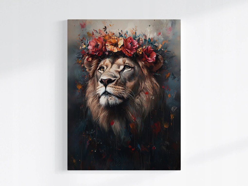Vászonkép Canvas Portré Állat Oroszlán Király Koszorú Virágok Boho 60x80