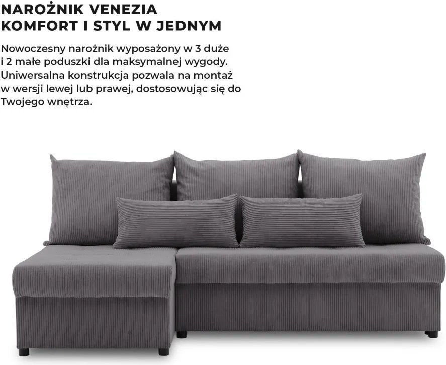 Venezia sarokkanapé, kordbársony, univerzális oldal, bonell töltet, szürke