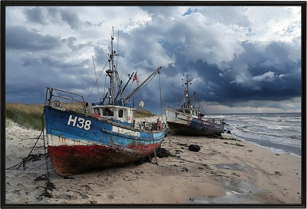 Poszter Keret Alumínium Tájkép Tenger Tengerpart Hajó Halászhajó Hullámok 60x40