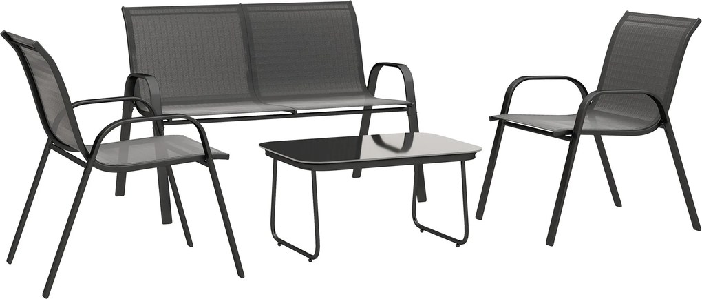 Outsunny 4 darabos kültéri kertbútor szett 2 rakásolható székkel, 2 személyes kanapéval és fekete edzett üveg asztallal | Aosom
