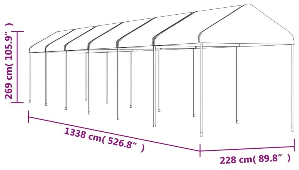 Fehér polietilén pavilon tetővel 13,38 x 2,28 x 2,69 m