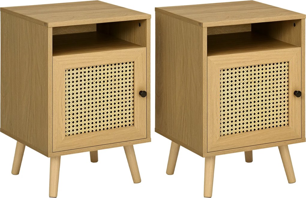 HOMCOM 2 darabos Éjjeliszekrény Szett Rattan Ajtóval, Nyitott Polcos Éjjeliszekrények, 39x35x60 cm, Természetes | Aosom
