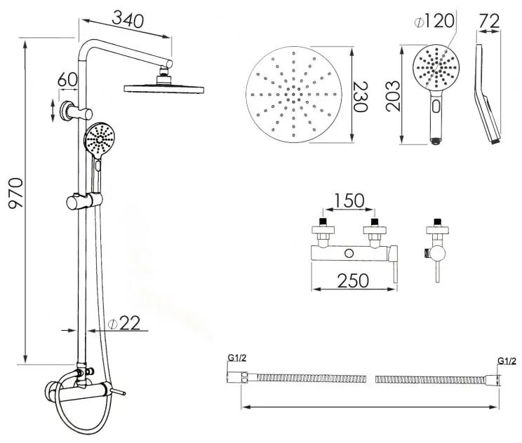 Erga Dubai, zuhanygarnitúra karos csapteleppel és esőfejjel 23 cm, arany fényes, ERG-YKA-BP.DUBAJ23-GLD