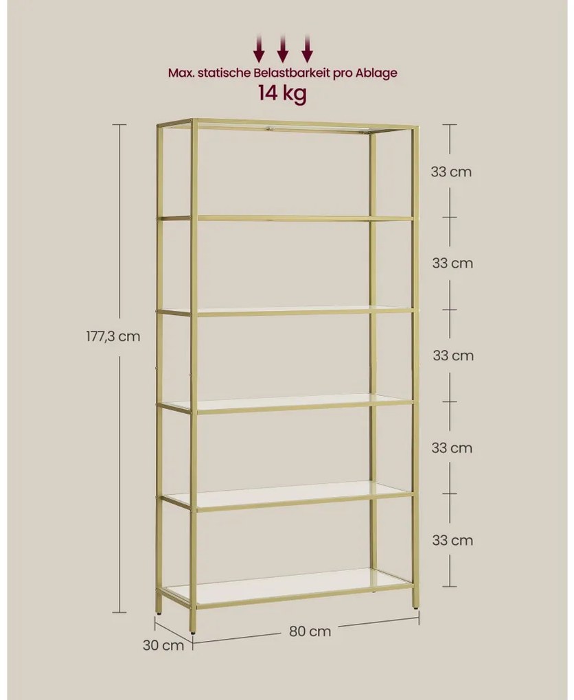 Fém tároló állvány üvegpolcokkal, 6 szintes, óarany 80x30x176cm