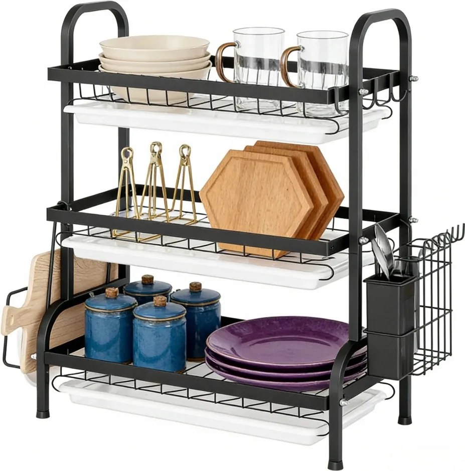 Edényszárító Háromszintes Álló Fekete Csepegtető Tányér Evőeszközök