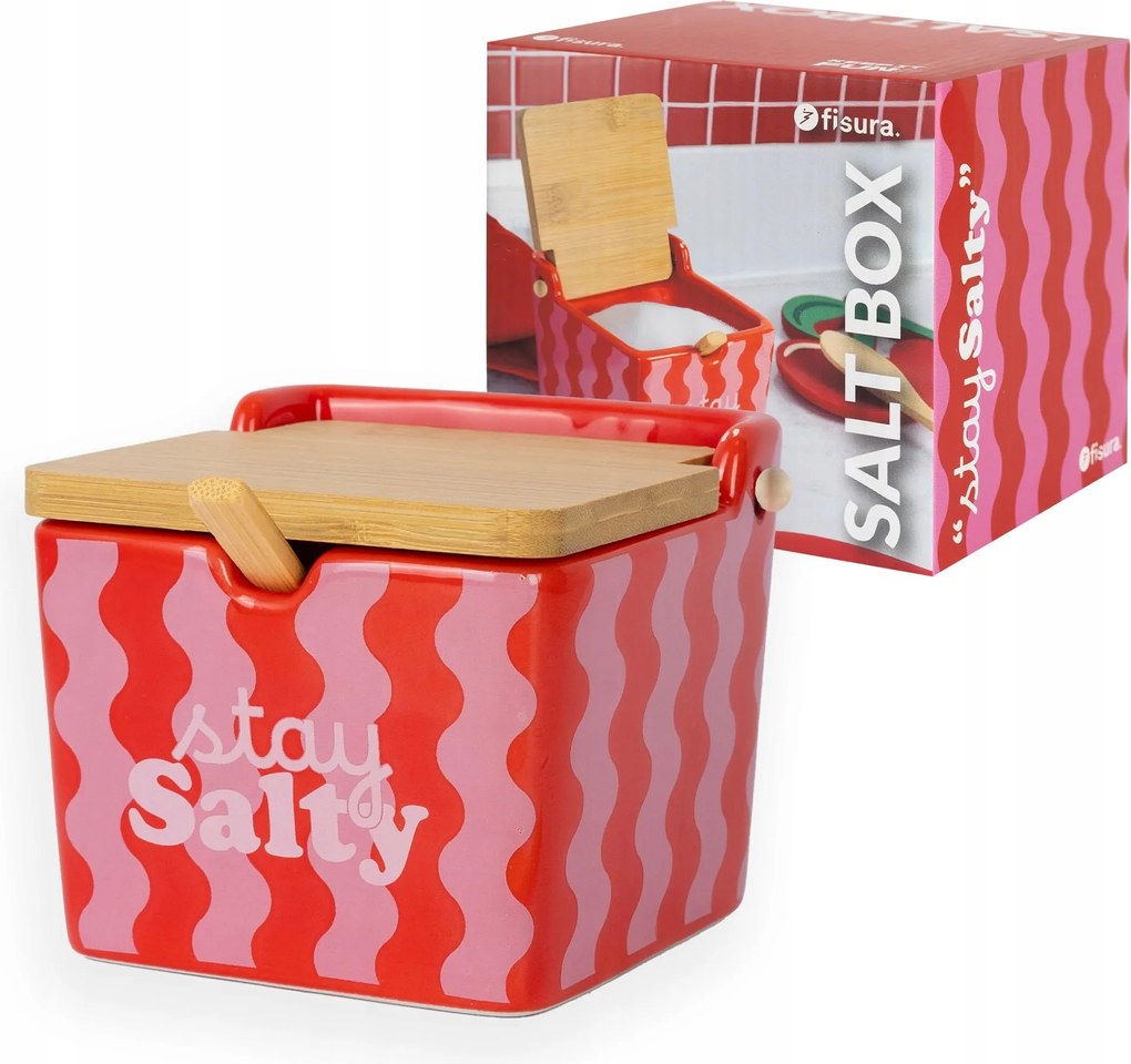 Nagy kerámia sótartó fa fedéllel és kanállal 680ml