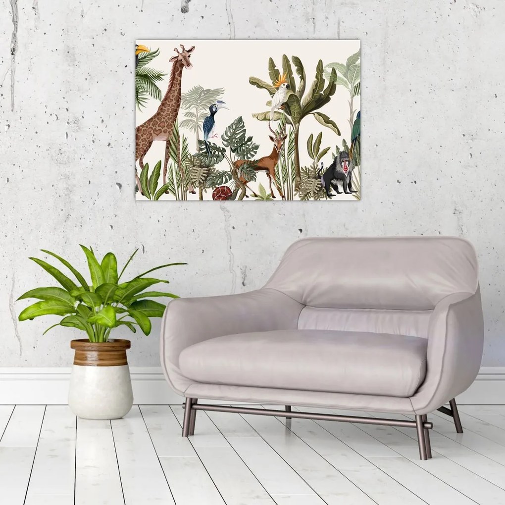 Üveg kép - Állatokkal teli dzsungel (70x50 cm)