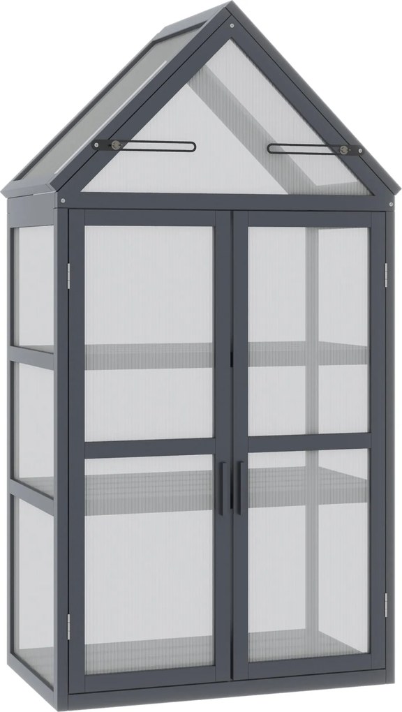 Outsunny Mini Üvegház 3 Szintes Növényágy Nyitható Tetővel és Kétajtós Bejárattal Fából és Polikarbonátból Készítve | Aosom