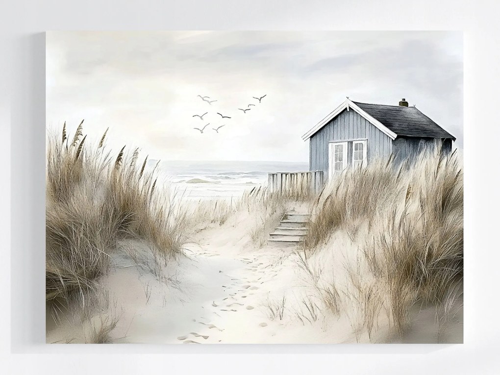 Vászonkép Canvas Tengerpart Házikó Homok Fű Tenger 100x75