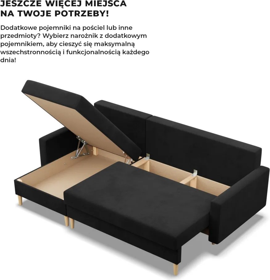 Etna sarokkanapé, 2 ágyneműtartóval, szövet anyag, univerzális oldal, hab töltet, fekete