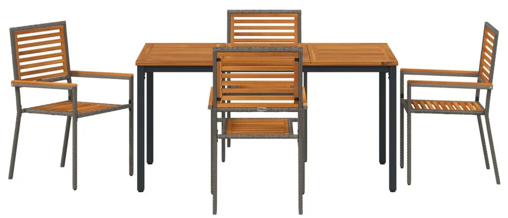 5 Részből Álló Kerti Étkező Szett Szürke Polyrattan Akác, Egymásra Rakható Kerti Székek párnákkal 2 db Szürke Polyrattan, Kerti Asztal 150x90x75 cm Szilárd Akácfa és Fém