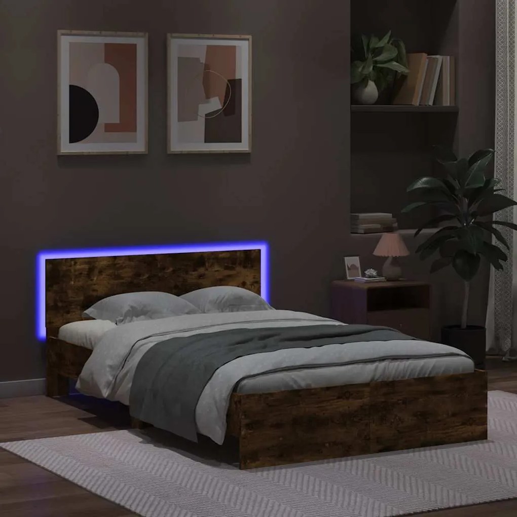 füstös tölgy színű ágykeret fejtámlával és LED-del 140x200 cm