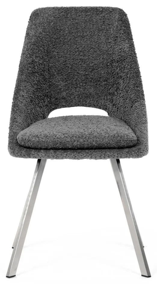 Scaun de sufragerie modern, tapițerie din material gri, picioare metalice, oțel inoxidabil periat.