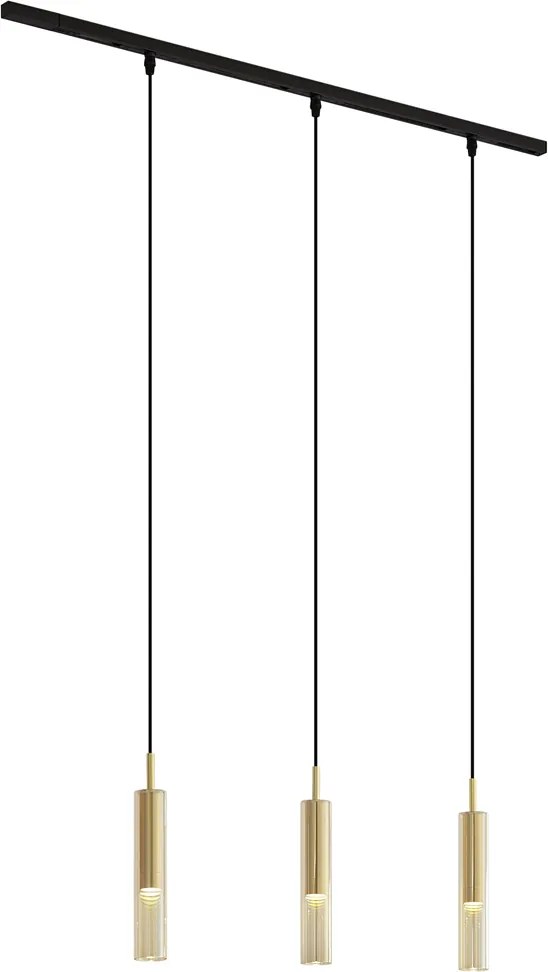 Modern fekete sínrendszer 3 függőlámpával, arany színű borostyán üveggel, 1 fázisú - Slimline Loyce