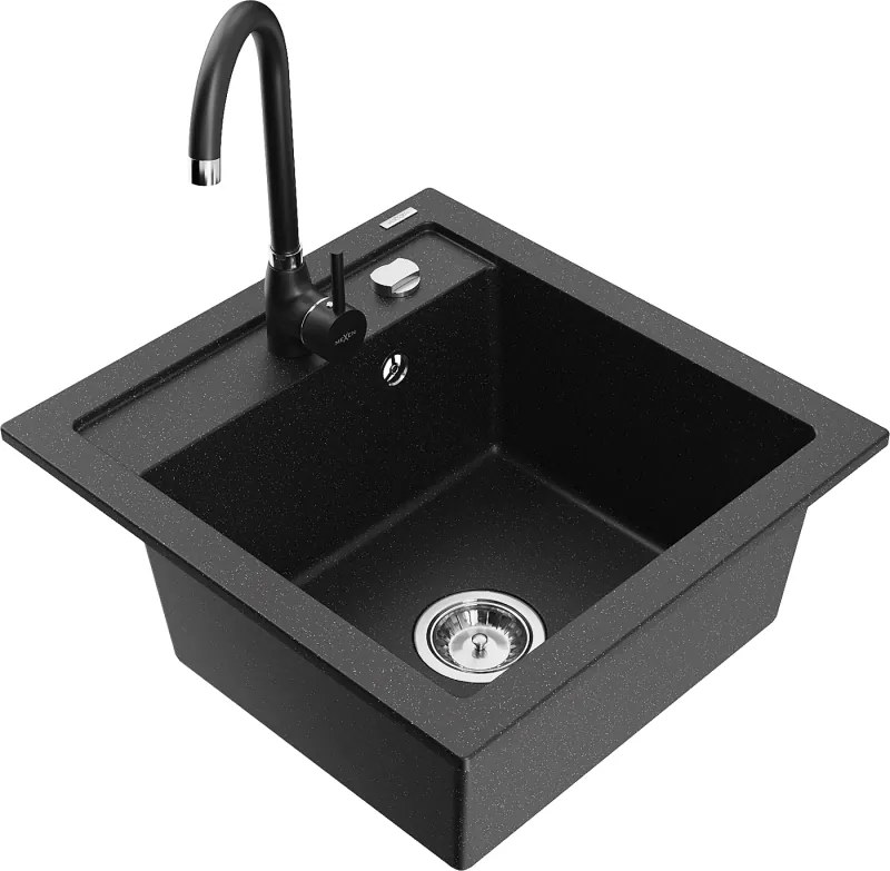 Mexen Vito 1 rekeszes gránit mosogató Telma konyhai csapteleppel, fekete/ezüst metál - 6503-73-670200-70