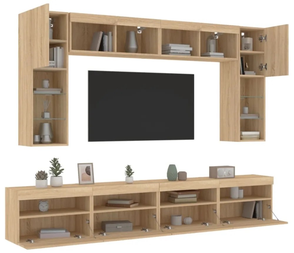 8 darab sonoma tölgy színű falra szerelhető TV-szekrény LED-del