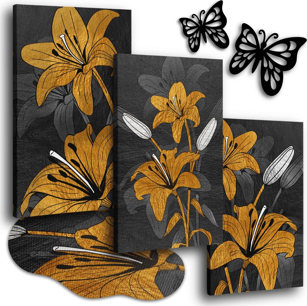 Vászonkép Liliomok Fekete-arany 120x50 cm Hálószoba Képek Triptichon