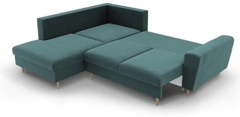 Petróleum színű bársony kinyitható tárolóhelyes sarokkanapé (bal oldali-L alakú) Kyoto – Cosmopolitan Design