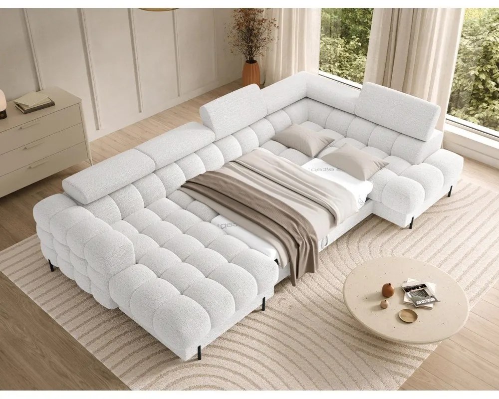 Krémszínű buklé kinyitható sarokkanapé (jobb oldali-U alakú) Feraria – ELTAP