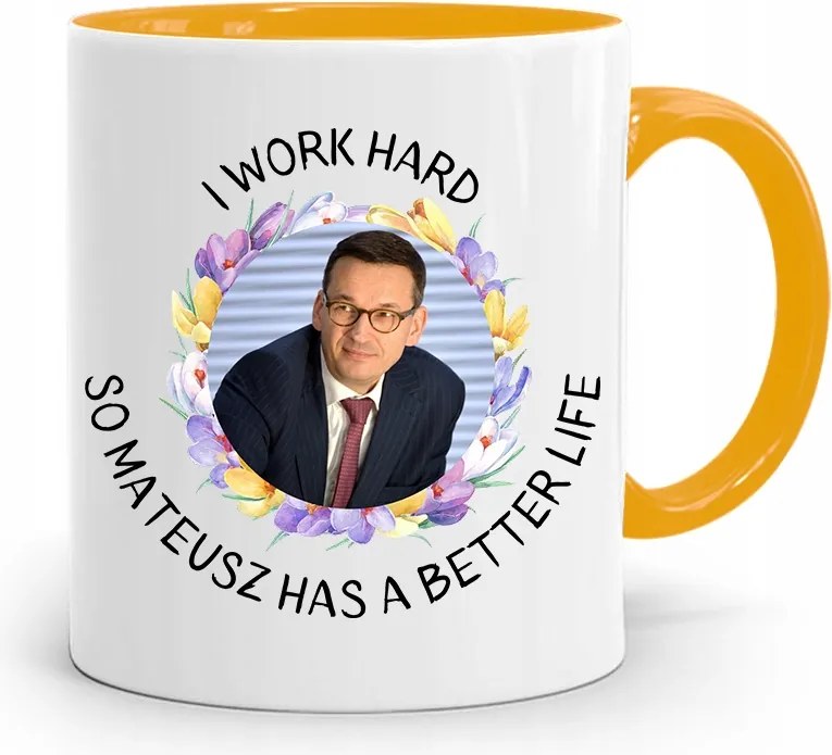 Sárga Politikus Bögre Mateusz Morawiecki Miniszterelnök fényképes nyomtatással
