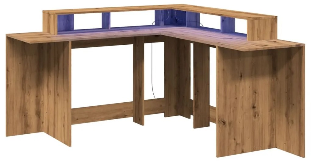 kézműves tölgy színű szerelt fa LED-es íróasztal 152x152x91 cm